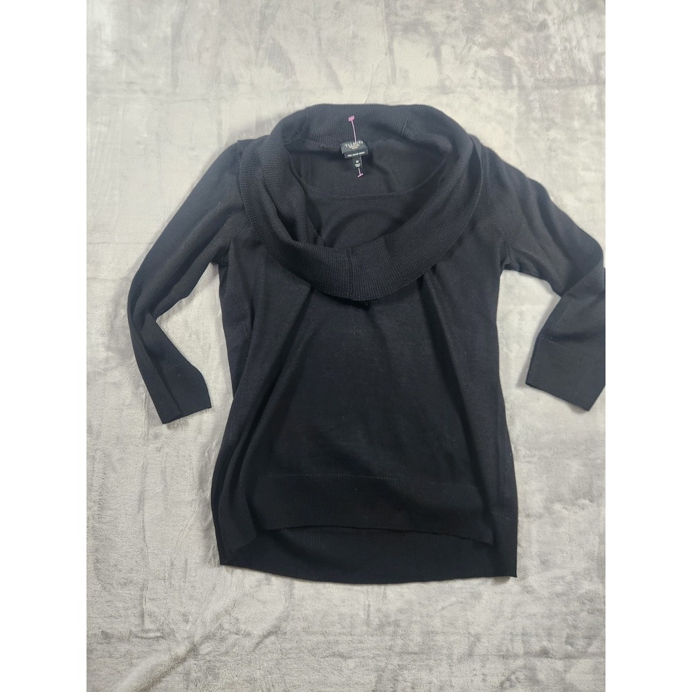 Talbots Sweater Women Medium 100% Pure Merino Wool Black Cowl CardiganTurtleneck